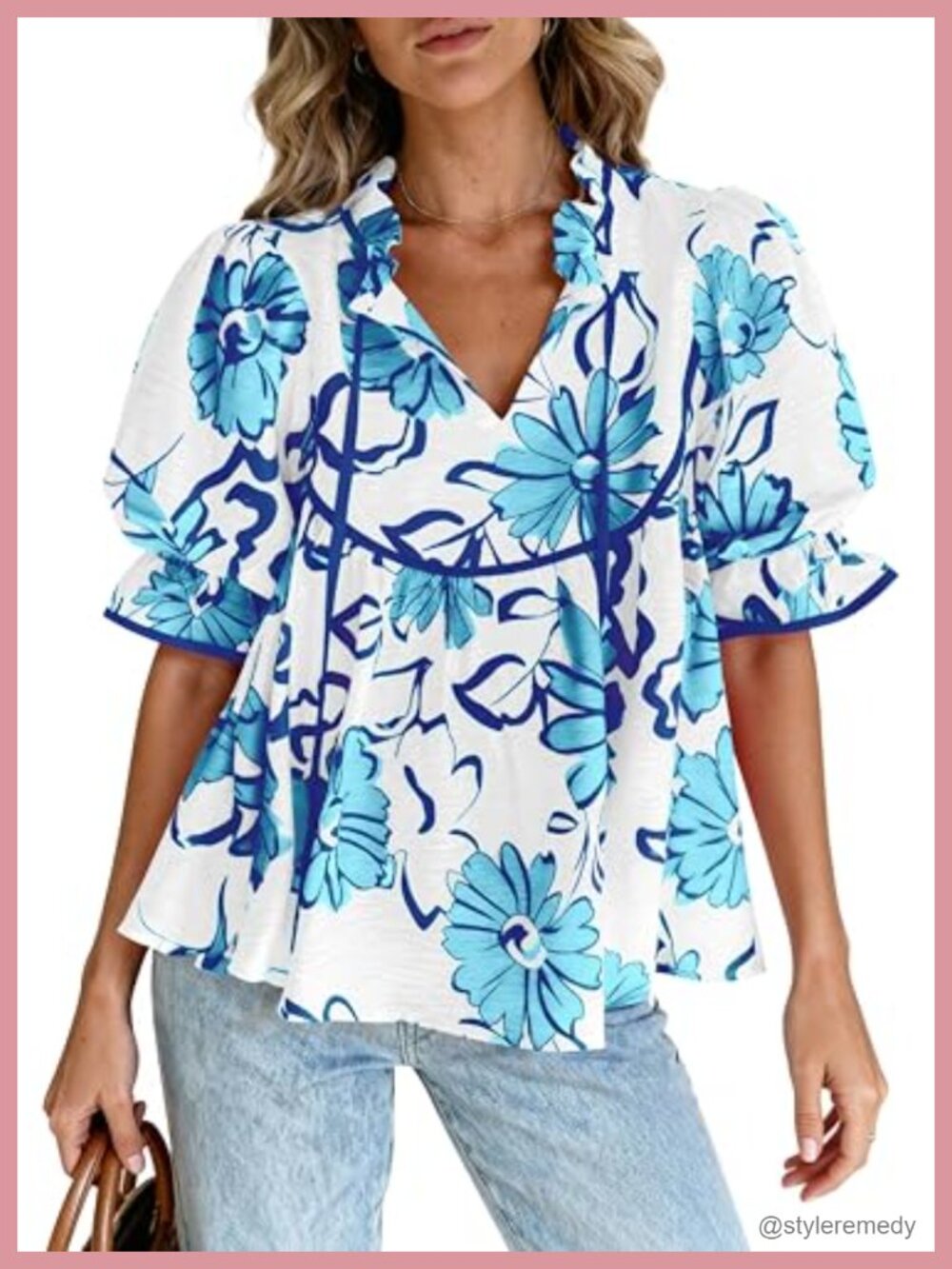 Womens Boho Floral Babydoll Tunic Top V Neck Puff Sleeve Tie Front Peplum Blouse